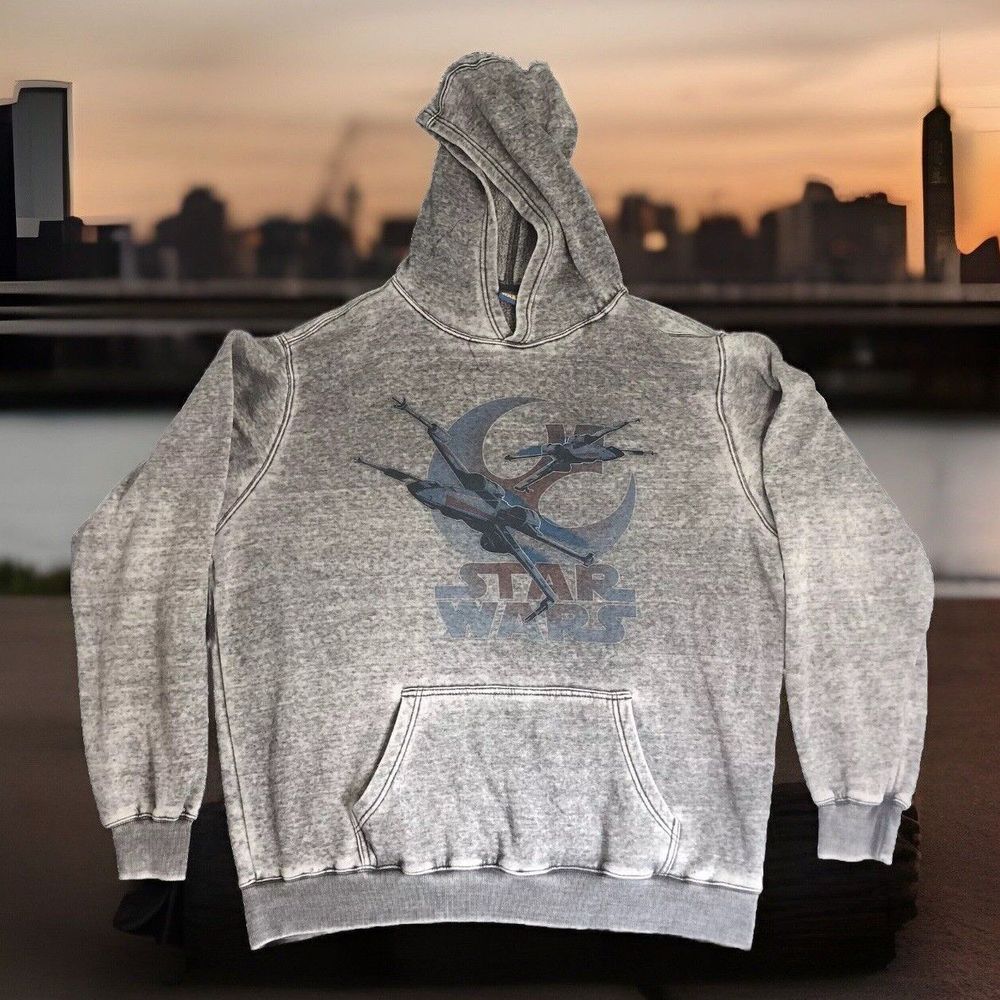 Star Wars X-Wing Burnout Hoodie Men's 2XL Gray Grunge Pullover Fleece Sweatshirt